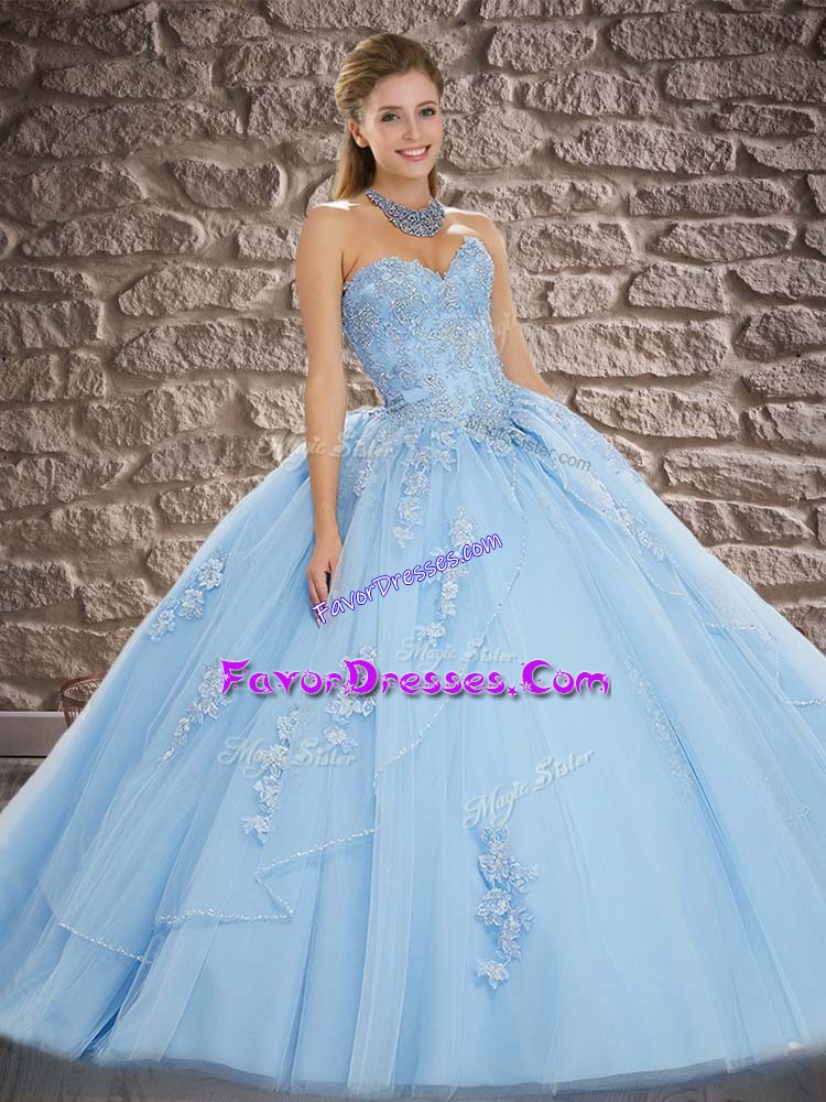 Simple Light Blue Sleeveless Tulle Brush Train Lace Up Quinceanera Gowns for Military Ball and Sweet 16 and Quinceanera