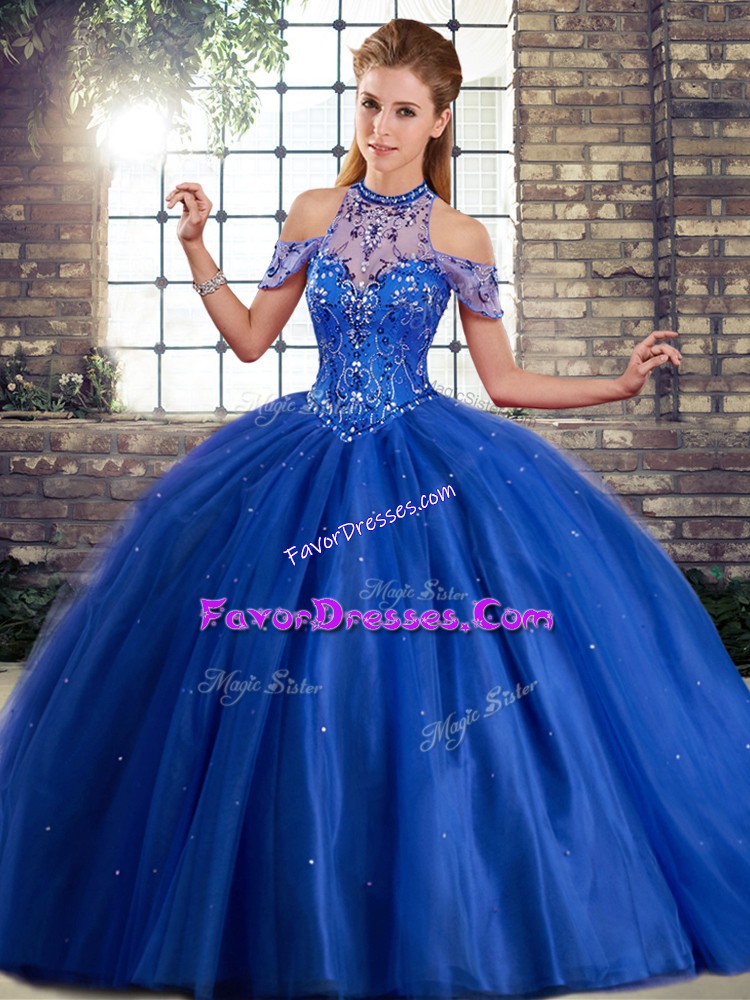  Royal Blue Lace Up Halter Top Beading Ball Gown Prom Dress Tulle Sleeveless Brush Train