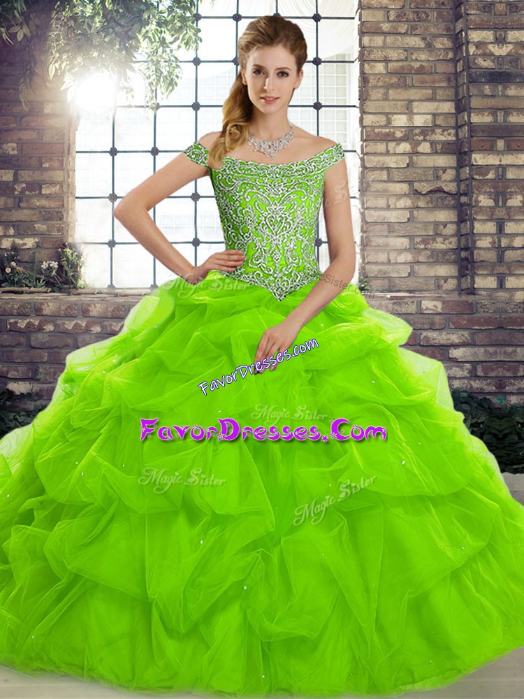  Ball Gowns Tulle Off The Shoulder Sleeveless Beading and Pick Ups Lace Up Quinceanera Dress Brush Train