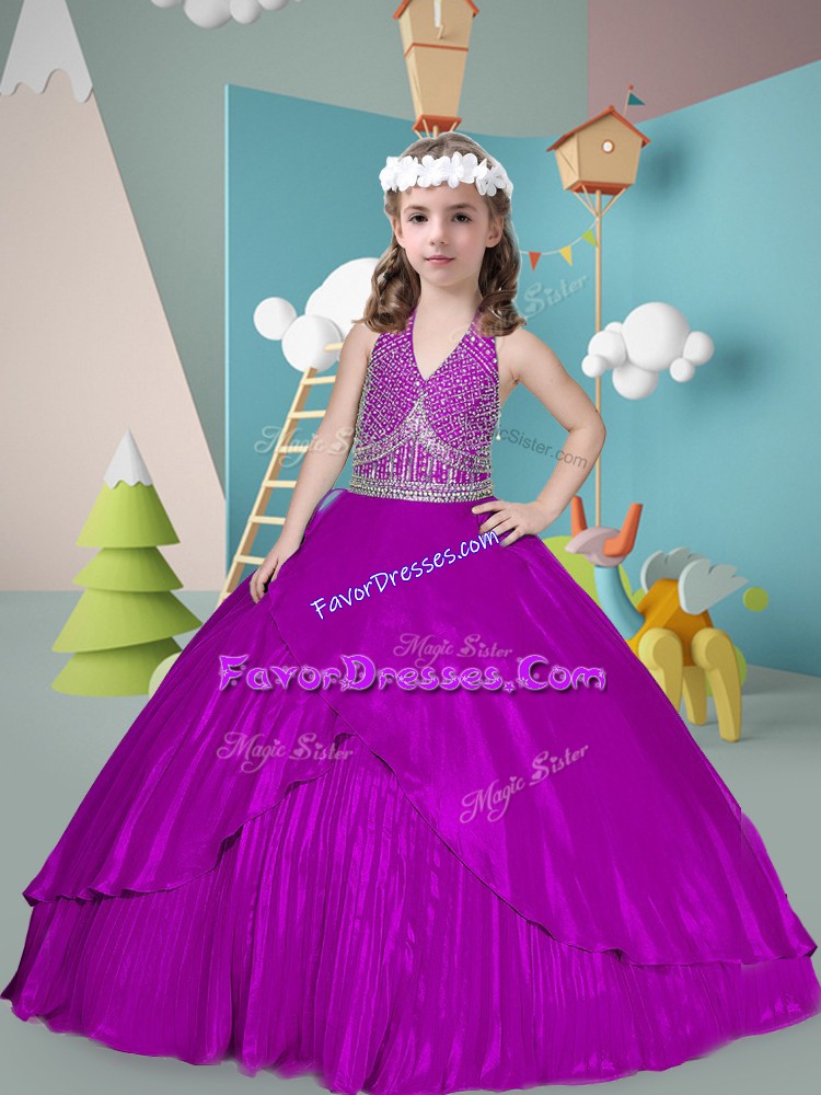  Halter Top Sleeveless Zipper Little Girl Pageant Dress Purple