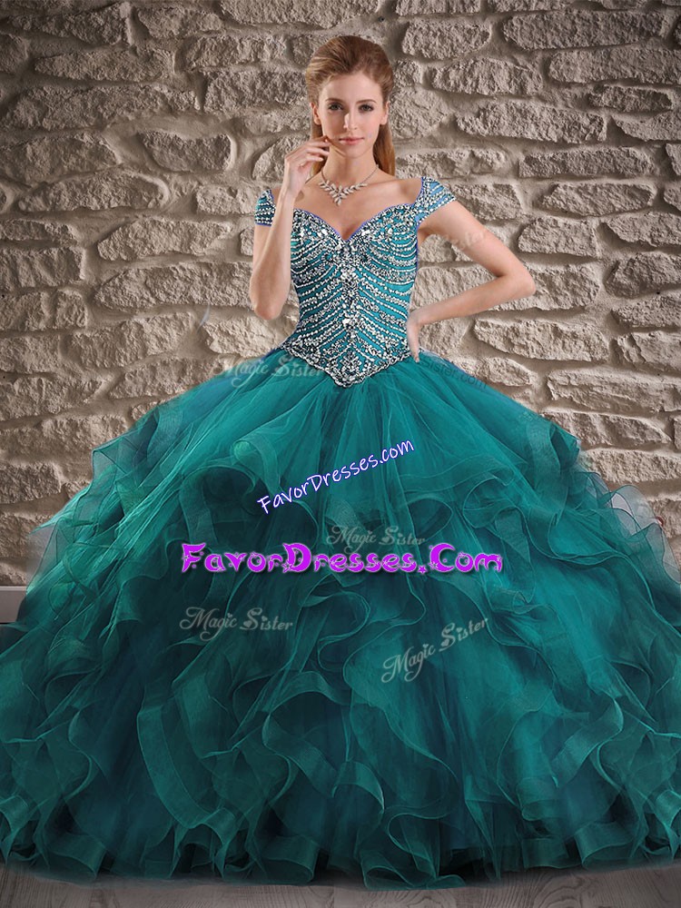 Decent Cap Sleeves Brush Train Beading and Ruffles Lace Up Quince Ball Gowns