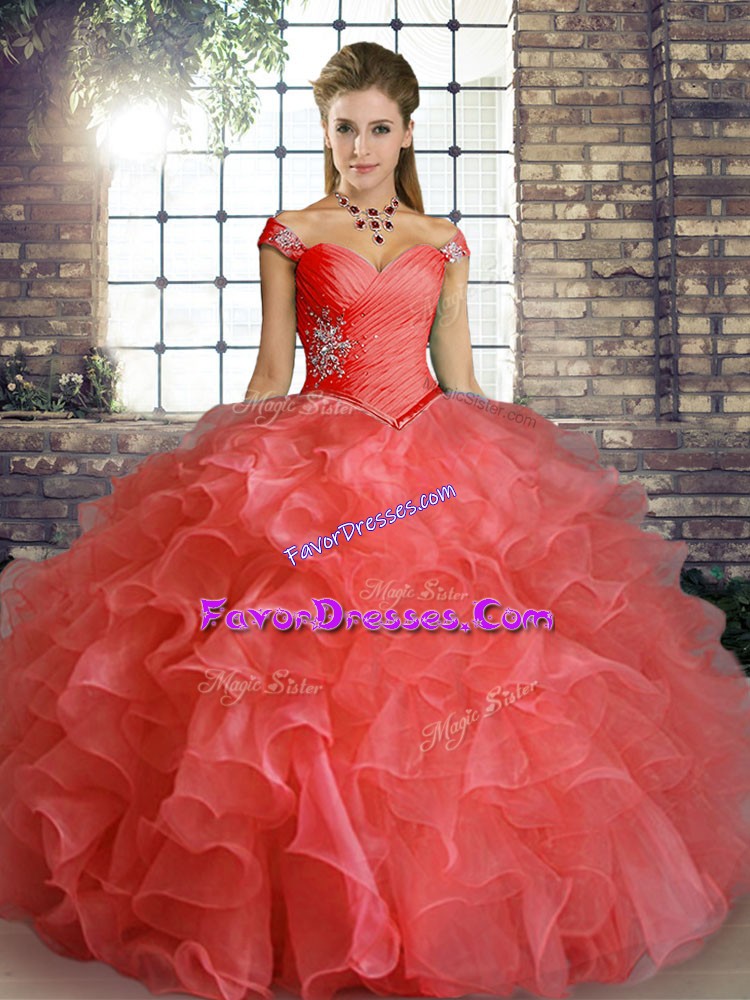 Cheap Watermelon Red Ball Gowns Beading and Ruffles Sweet 16 Quinceanera Dress Lace Up Organza Sleeveless Floor Length