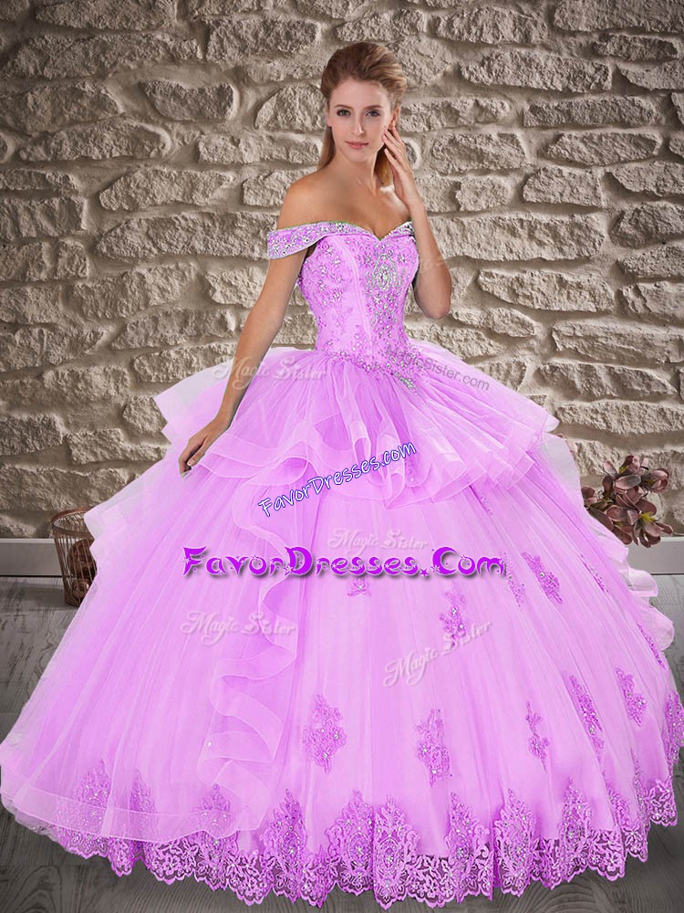 Lovely Lilac Ball Gowns Beading and Lace 15 Quinceanera Dress Lace Up Tulle Sleeveless Floor Length
