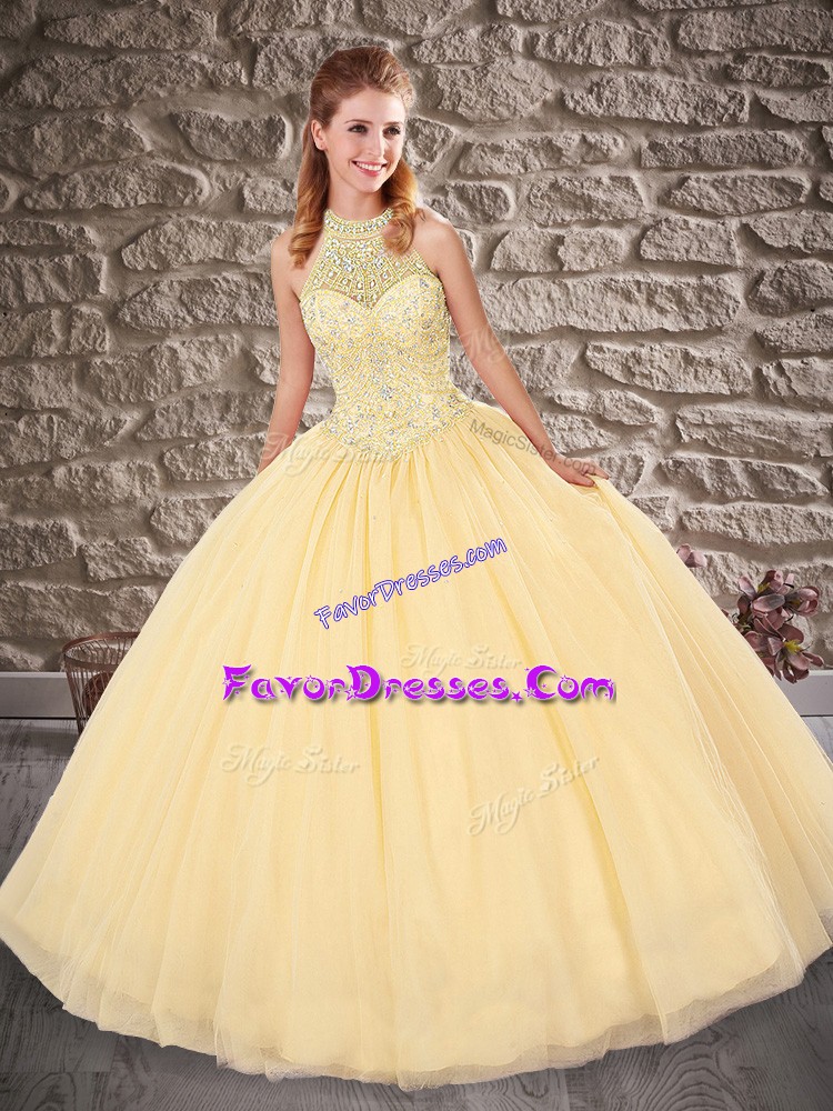  Gold Sleeveless Floor Length Beading Lace Up Sweet 16 Dress