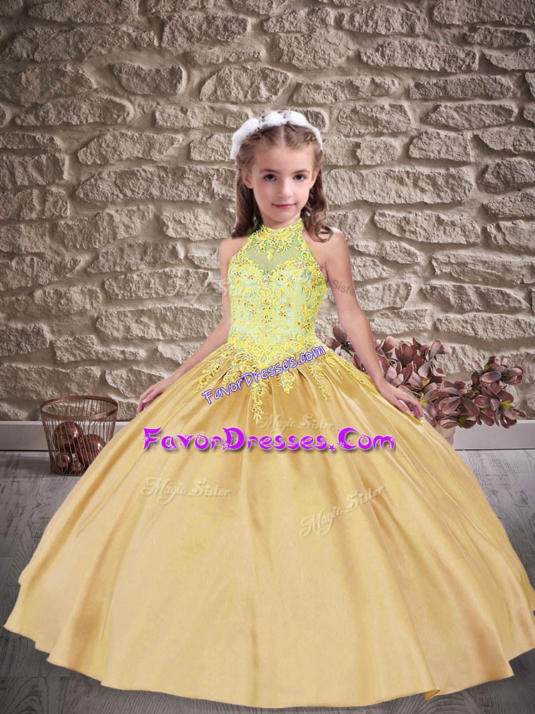  Sweep Train Ball Gowns Little Girl Pageant Dress Gold Halter Top Satin Sleeveless Lace Up