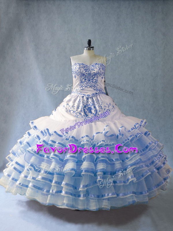  Blue And White Organza Lace Up Vestidos de Quinceanera Sleeveless Floor Length Embroidery and Ruffled Layers