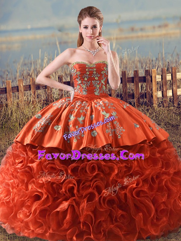  Sleeveless Floor Length Embroidery and Ruffles Lace Up Quinceanera Dress with Orange Red Brush Train