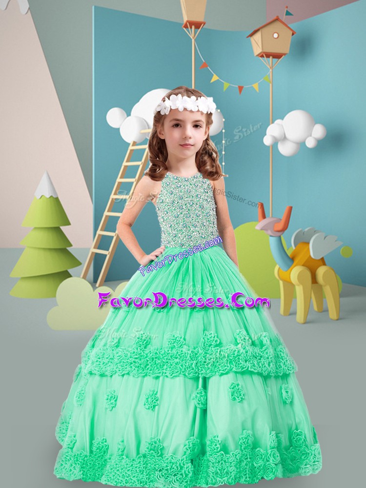  Turquoise Scoop Zipper Beading and Hand Made Flower Little Girls Pageant Dress Wholesale Sleeveless