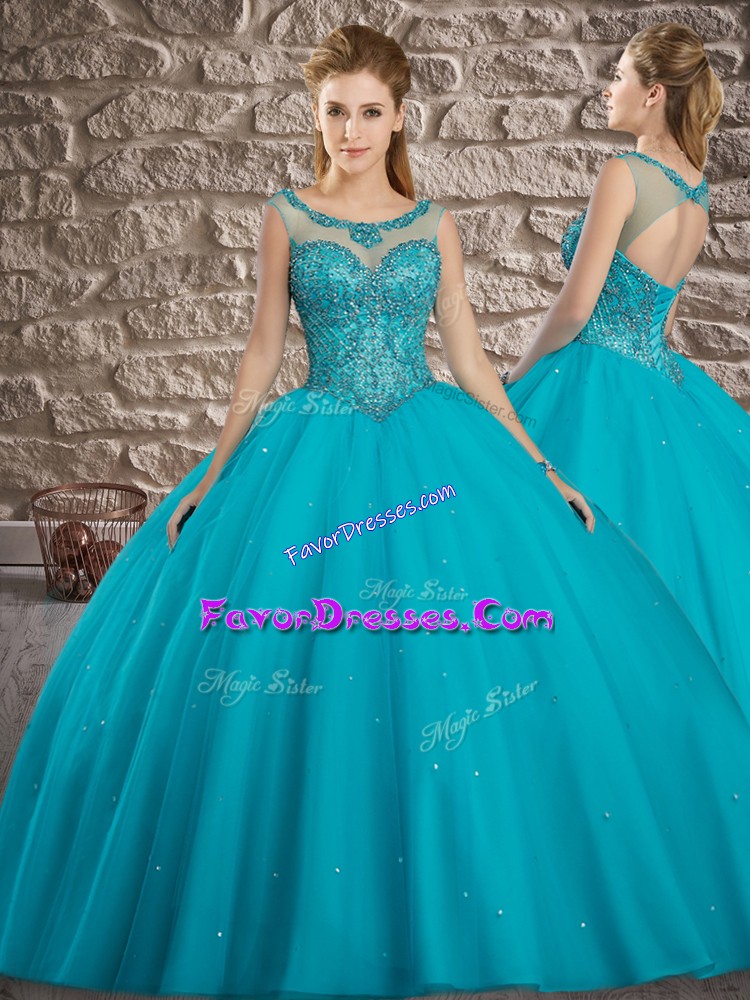  Sleeveless Floor Length Beading Lace Up 15th Birthday Dress with Teal 
