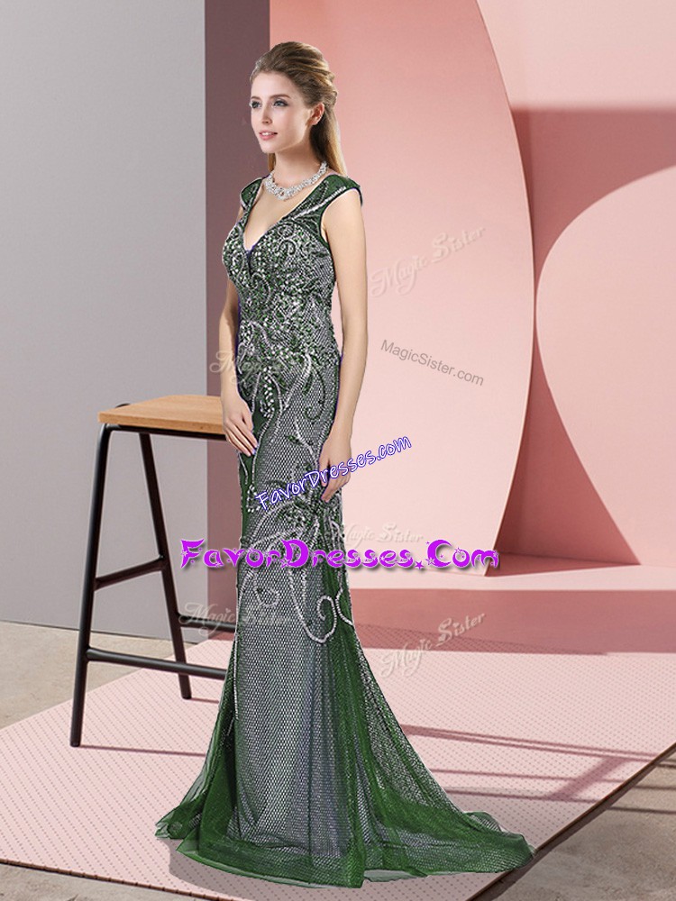  Sleeveless Tulle Sweep Train Zipper Prom Party Dress in Green with Beading