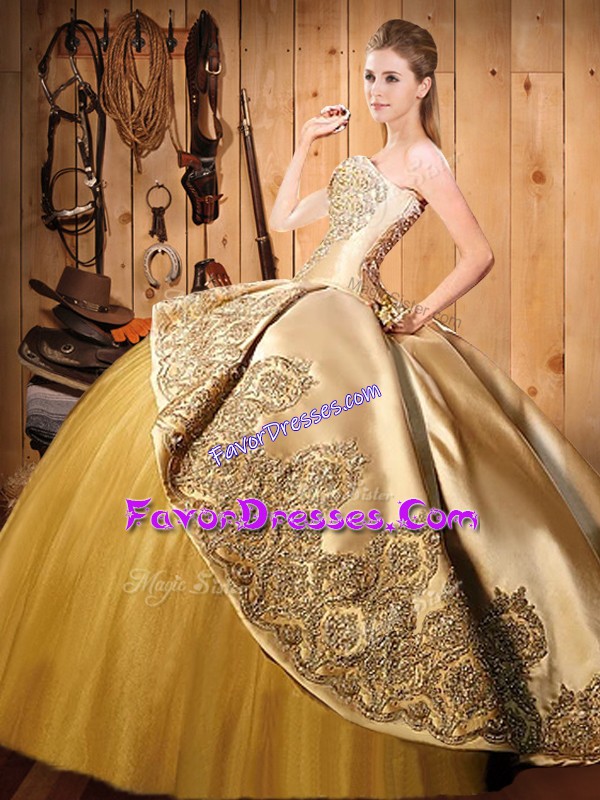 Sophisticated Satin and Tulle Sweetheart Sleeveless Brush Train Lace Up Beading and Embroidery Ball Gown Prom Dress in Gold