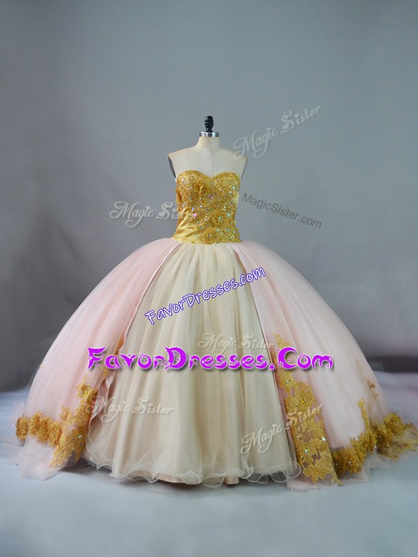 Gorgeous Sweetheart Sleeveless Brush Train Lace Up Beading and Lace and Appliques Ball Gown Prom Dress in Pink and Champagne