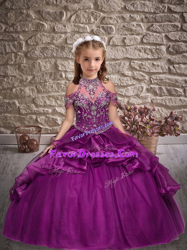Cheap Halter Top Sleeveless Organza Little Girls Pageant Gowns Beading and Ruffles Lace Up