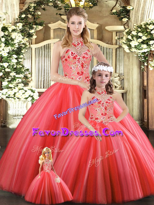 Adorable Coral Red Sleeveless Floor Length Embroidery Lace Up 15th Birthday Dress