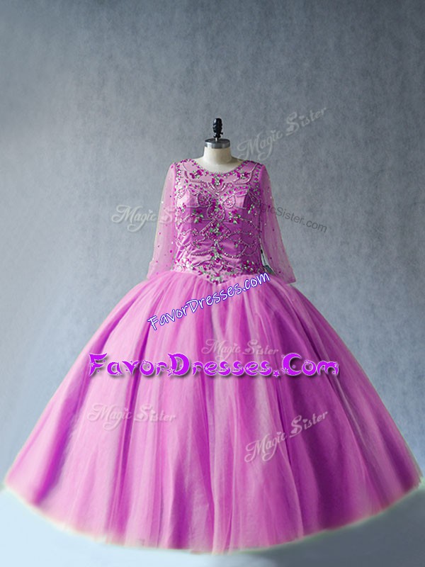 Sweet Lilac Long Sleeves Beading Floor Length Quinceanera Dress