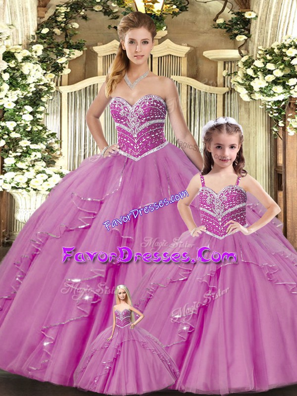  Lilac Sweetheart Neckline Beading Quince Ball Gowns Sleeveless Lace Up