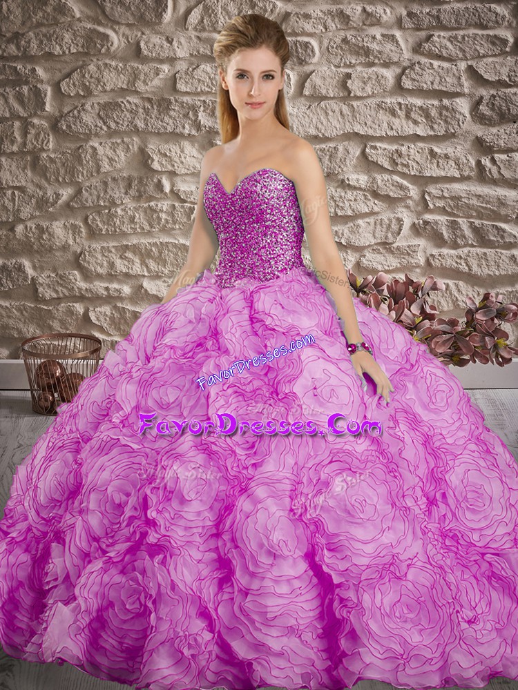  Brush Train Ball Gowns Quince Ball Gowns Lilac Sweetheart Fabric With Rolling Flowers Sleeveless Lace Up