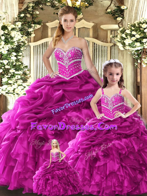  Fuchsia Lace Up Sweetheart Beading and Ruffles Quinceanera Dresses Organza Sleeveless