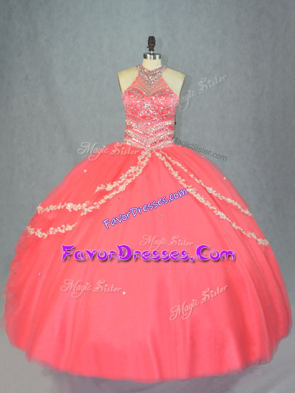 Elegant Watermelon Red Halter Top Neckline Beading and Ruffles Sweet 16 Quinceanera Dress Sleeveless Lace Up
