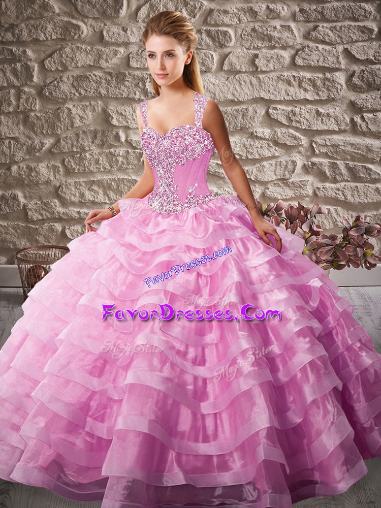 Fashionable Pink Sweet 16 Quinceanera Dress Sweet 16 and Quinceanera with Beading and Ruffled Layers Straps Sleeveless Court Train Lace Up