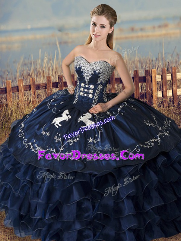 Sexy Navy Blue Sweetheart Lace Up Embroidery and Ruffles Quinceanera Dress Sleeveless