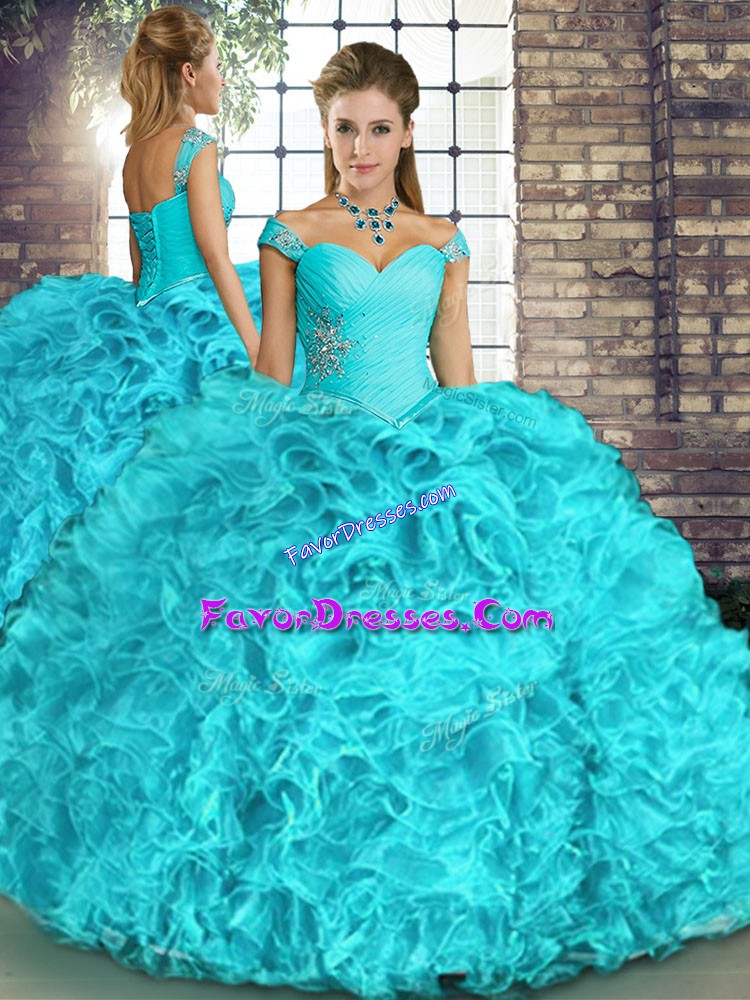  Aqua Blue Ball Gowns Off The Shoulder Sleeveless Organza Floor Length Lace Up Beading and Ruffles Quince Ball Gowns