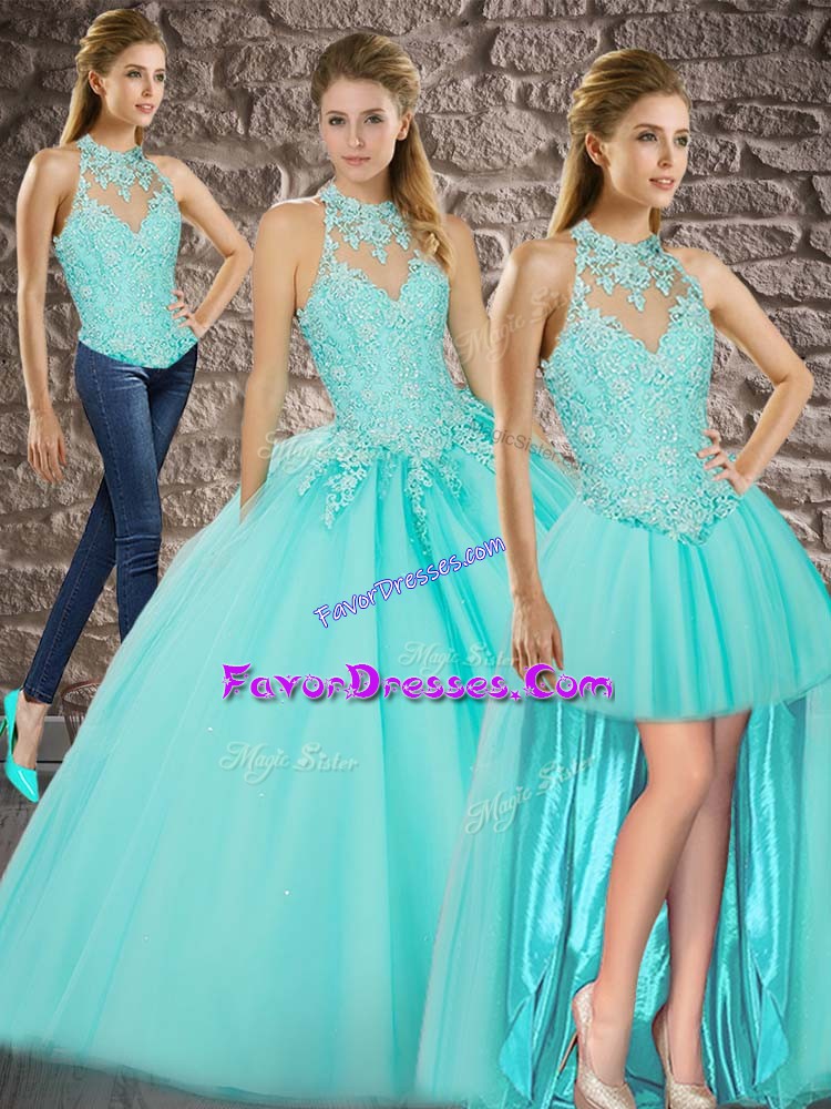  Lace Up Sweet 16 Dress Aqua Blue for Military Ball and Sweet 16 and Quinceanera with Beading and Appliques Sweep Train