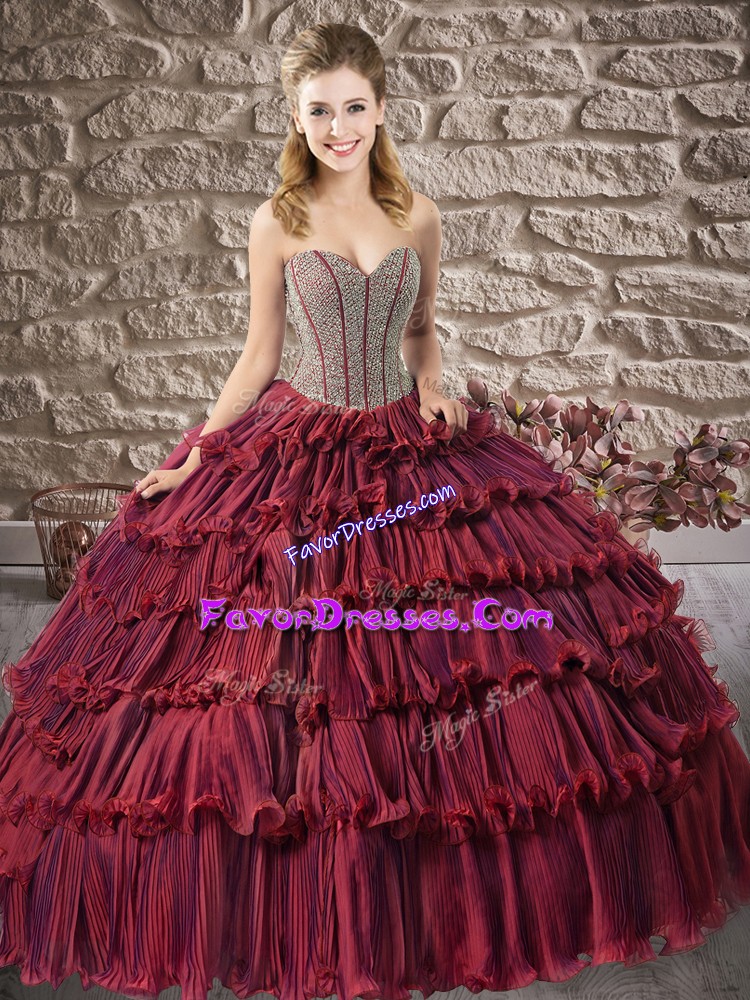 Dynamic Sleeveless Organza Floor Length Lace Up Vestidos de Quinceanera in Burgundy with Beading and Ruffled Layers