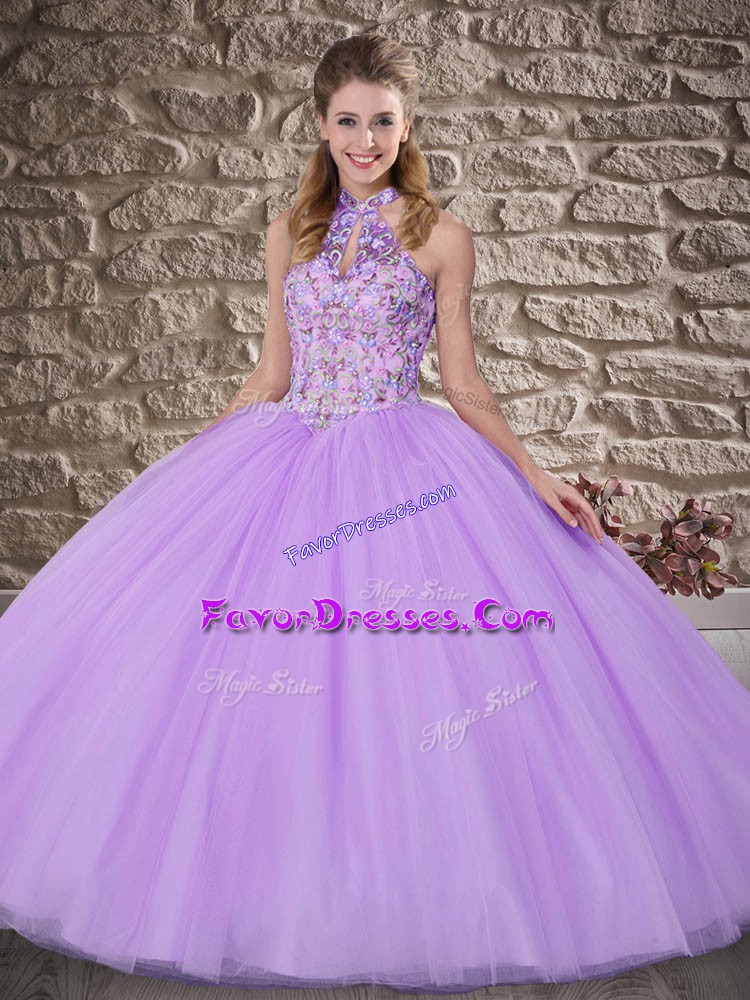  Lavender Ball Gowns Embroidery 15th Birthday Dress Lace Up Tulle Sleeveless