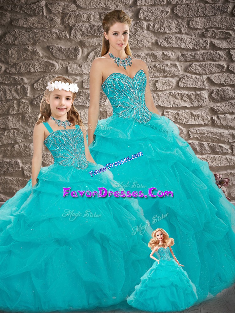 Cheap Lace Up Sweet 16 Dresses Aqua Blue for Military Ball and Sweet 16 and Quinceanera with Beading and Pick Ups Brush Train