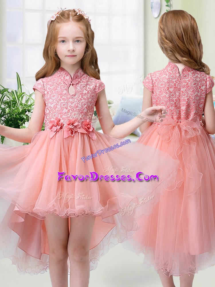  High-neck Cap Sleeves Flower Girl Dresses for Less High Low Lace and Hand Made Flower Peach Organza