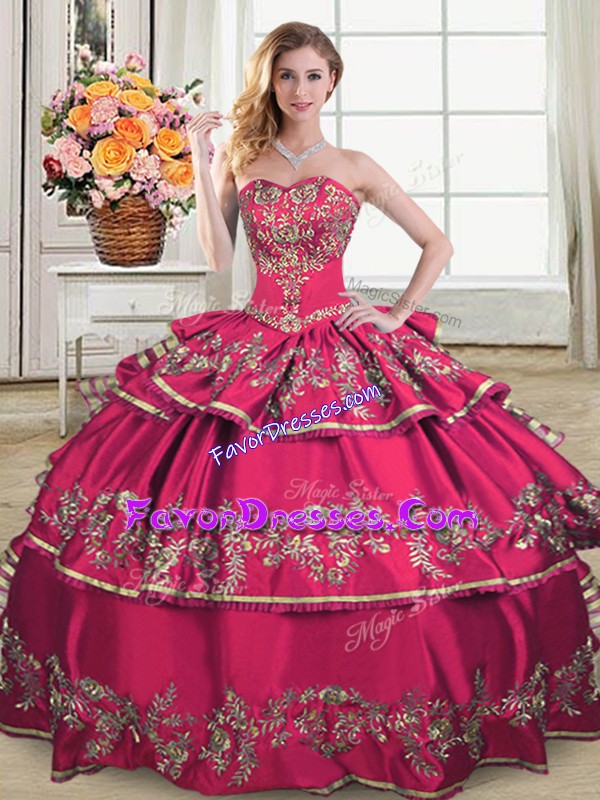 Fabulous Hot Pink Sweetheart Neckline Embroidery and Ruffled Layers Sweet 16 Dress Sleeveless Lace Up