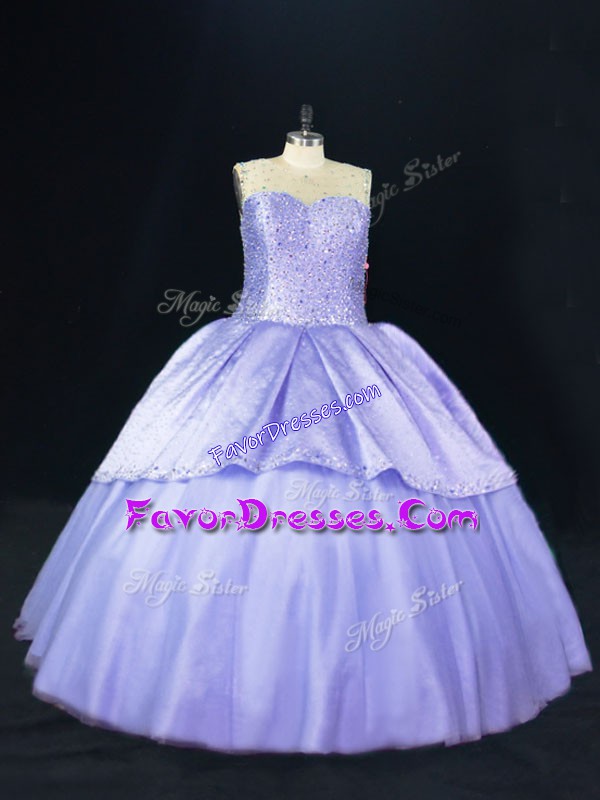  Lavender Ball Gowns Scoop Sleeveless Tulle Floor Length Lace Up Beading 15 Quinceanera Dress