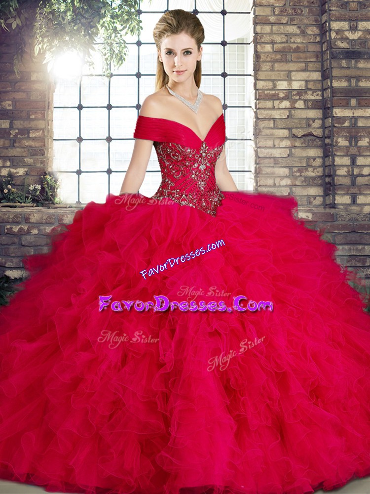  Red Ball Gowns Beading and Ruffles Ball Gown Prom Dress Lace Up Tulle Sleeveless Floor Length