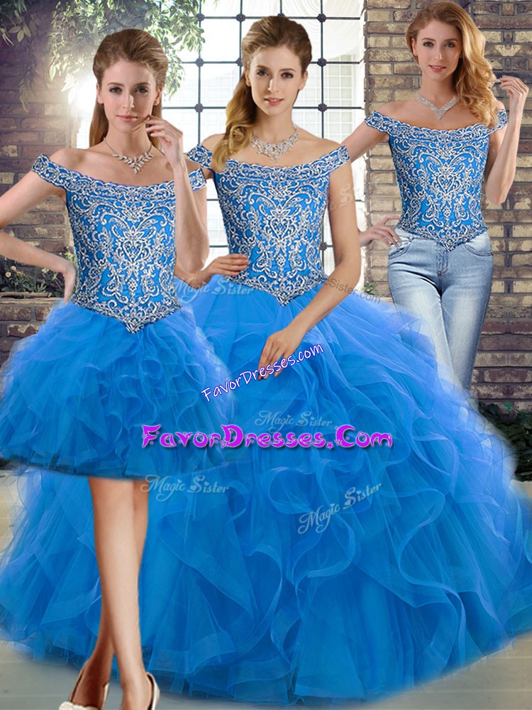  Blue Off The Shoulder Lace Up Beading and Ruffles 15 Quinceanera Dress Brush Train Sleeveless