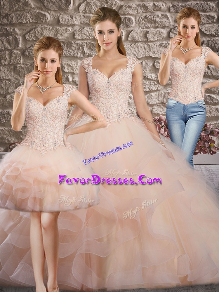 Graceful Pink Lace Up Straps Lace and Ruffles 15th Birthday Dress Tulle Sleeveless Brush Train