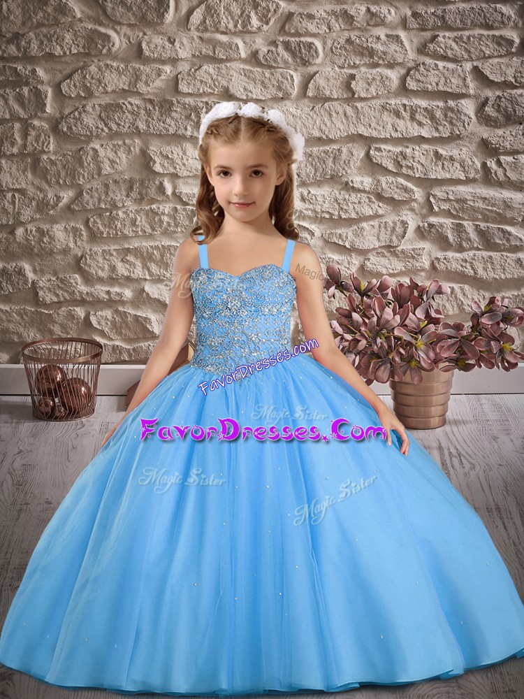 Custom Designed Baby Blue Kids Formal Wear Wedding Party with Beading Straps Sleeveless Sweep Train Lace Up