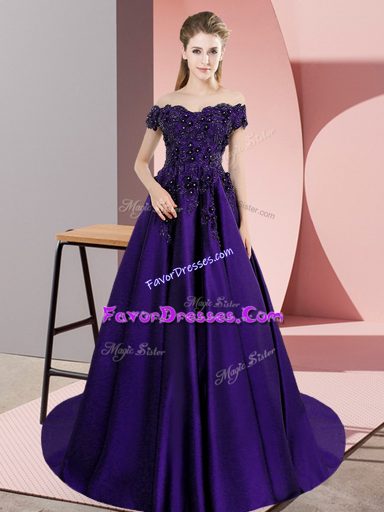 Traditional Purple A-line Off The Shoulder Sleeveless Satin Court Train Zipper Lace Quinceanera Gown
