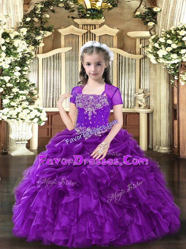 Unique Purple Straps Lace Up Beading and Ruffles Kids Pageant Dress Sleeveless