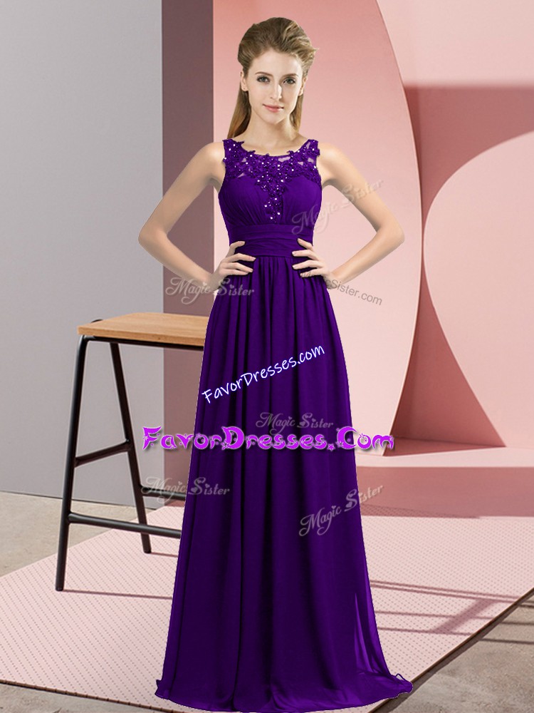 Lovely Purple Zipper Bridesmaid Dress Beading and Appliques Sleeveless Floor Length
