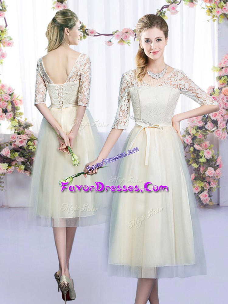 Best Selling Champagne Tulle Lace Up V-neck Half Sleeves Tea Length Wedding Party Dress Lace and Bowknot