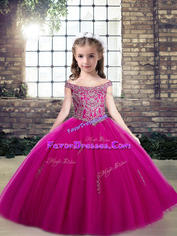  Sleeveless Lace Up Floor Length Beading Little Girls Pageant Dress