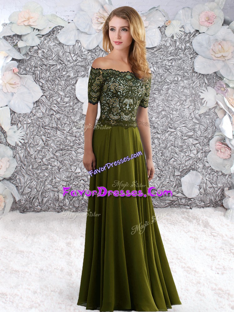 Discount Floor Length Olive Green Homecoming Dress Chiffon Short Sleeves Beading and Lace