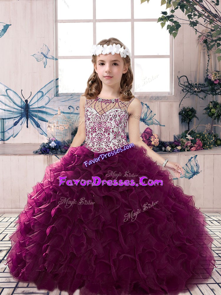  Dark Purple Ball Gowns Beading and Ruffles Child Pageant Dress Lace Up Organza Sleeveless Floor Length