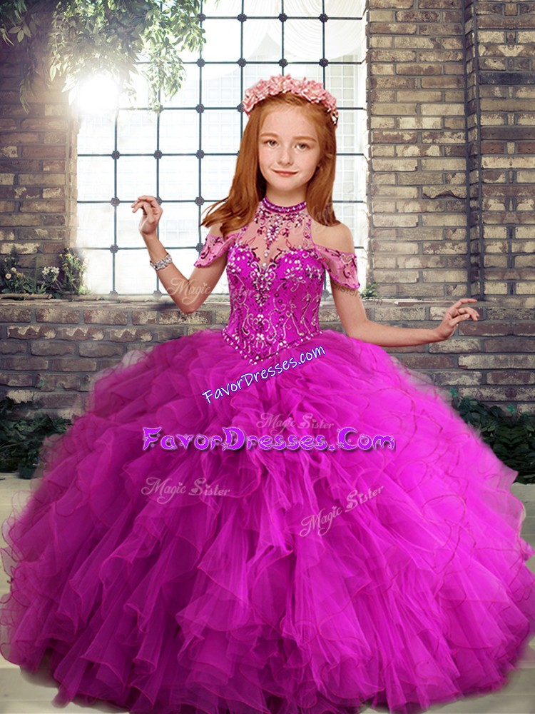  Fuchsia Tulle Lace Up High-neck Sleeveless Floor Length Kids Pageant Dress Beading and Ruffles