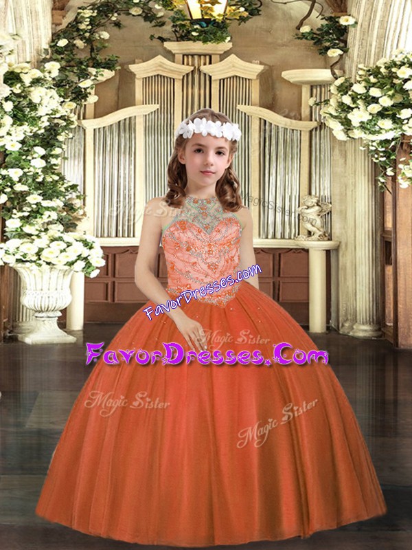  Floor Length Lace Up Kids Formal Wear Rust Red for Party and Sweet 16 and Wedding Party with Beading