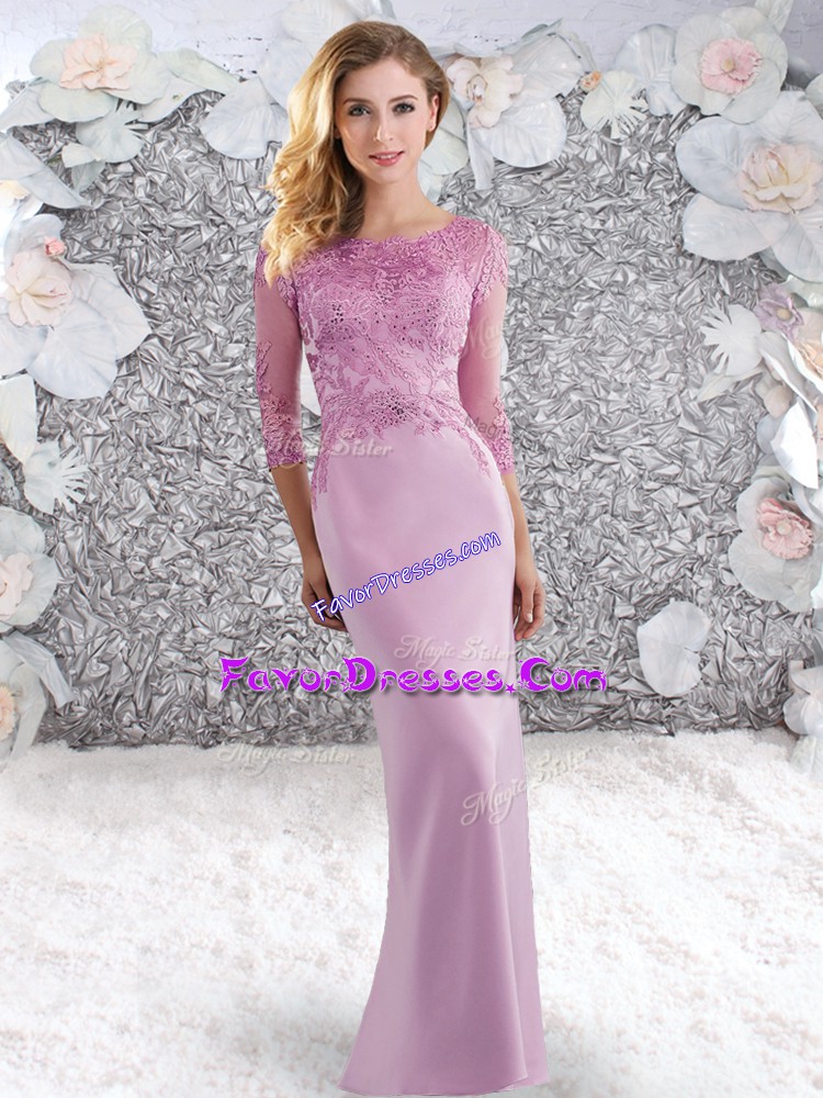Fine Lilac Zipper Scoop Beading and Lace Evening Dress Elastic Woven Satin 3 4 Length Sleeve Sweep Train
