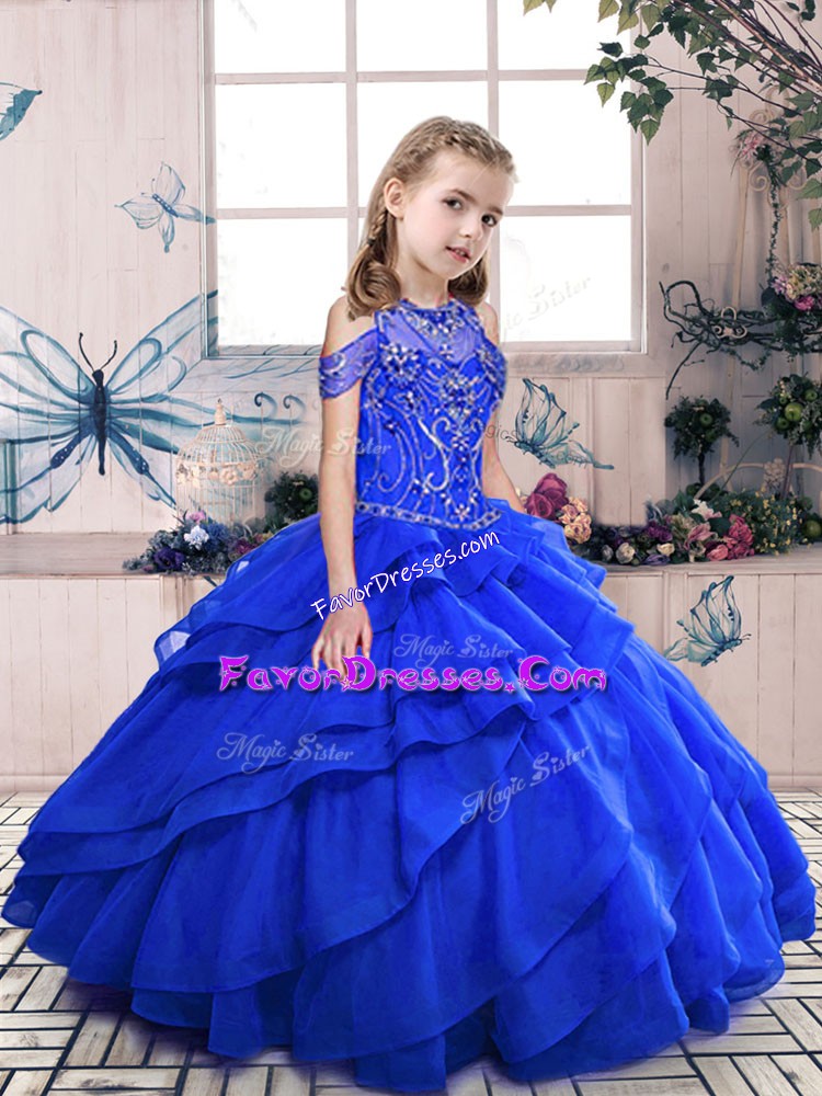  Royal Blue Sleeveless Floor Length Beading Lace Up Girls Pageant Dresses