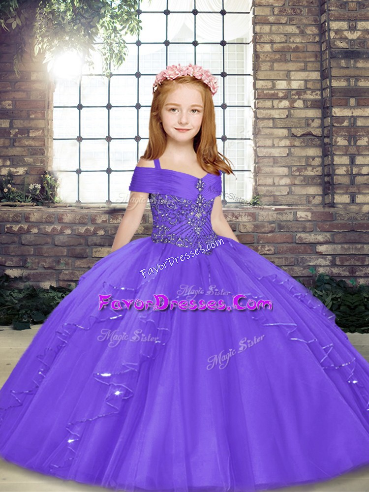  Lavender Straps Lace Up Beading Little Girls Pageant Dress Sleeveless