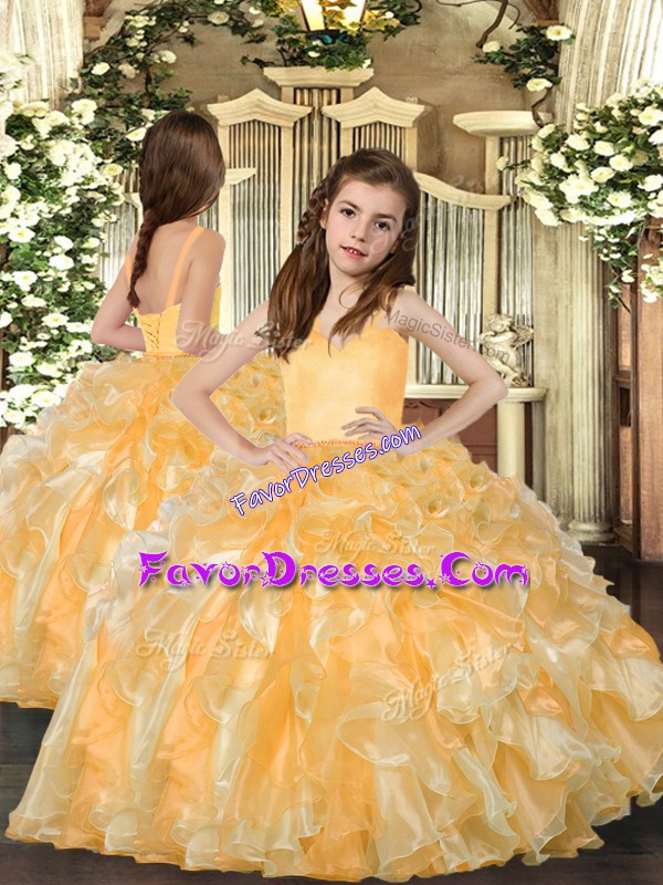  Gold Straps Lace Up Ruffles Little Girl Pageant Gowns Sleeveless